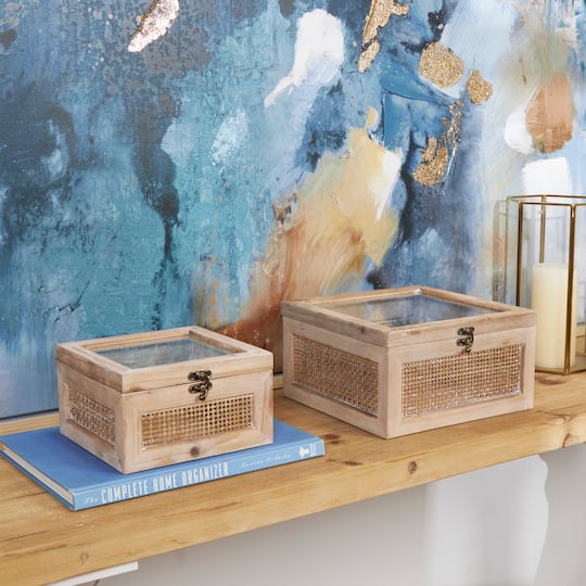 Light Brown Box with Glass Top & Rattan Side Panels Set